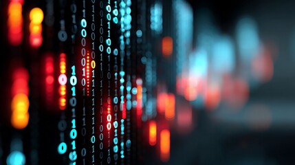 Abstract binary code stream, glowing vibrant colors, digital data flow