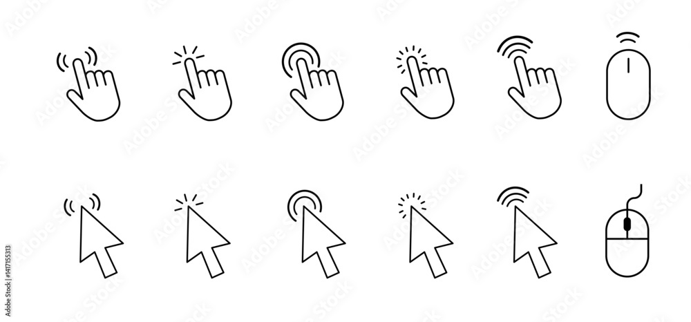 Poster computer mouse cursor icon set with arrows, hand pointers, click effects, and loading symbols. perfe