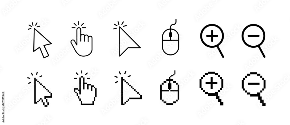 Poster computer mouse cursor icon set with arrows, hand pointers, click effects, and loading symbols. perfe