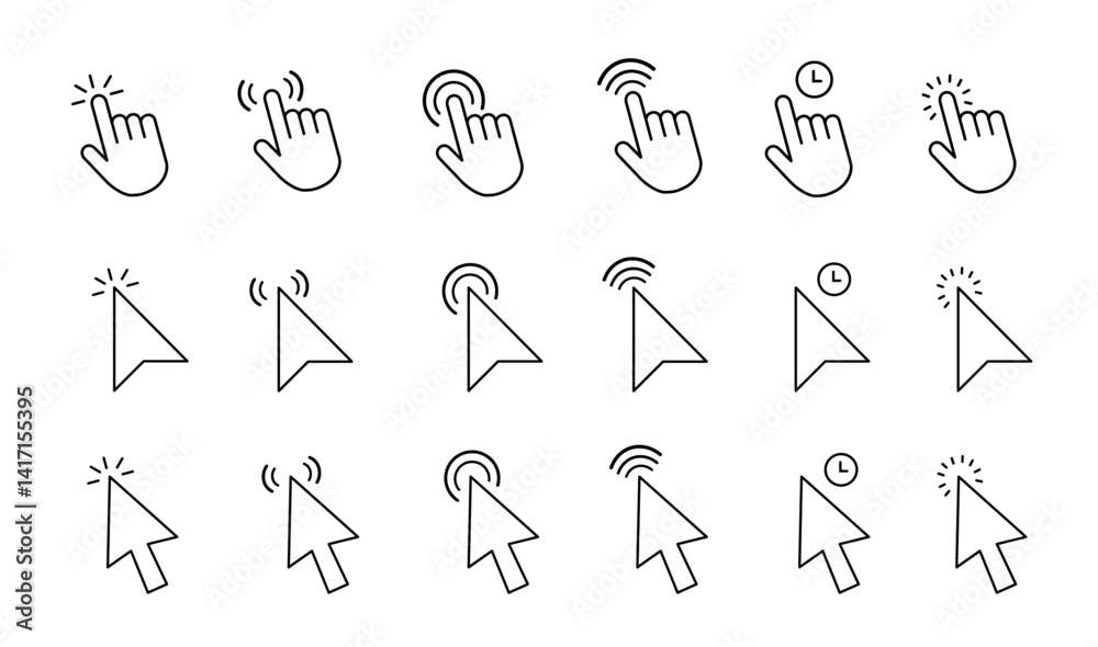 Poster computer cursor icon set with arrow clicks, hand pointers, loading effects, and ui elements. ideal f