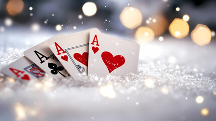 Ace of Hearts and Playing Cards in Snow: Captivating close-up of an ace of hearts and playing cards rests on a blanket of fresh snow, evoking a sense of intrigue.