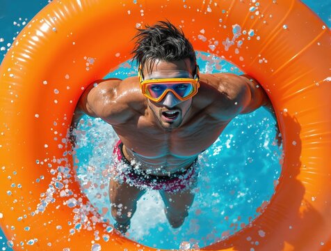 A man in swim trunks is holding onto an orange inflatable tube while floating on his back in the water. He has goggles on and appears to be enjoying himself.