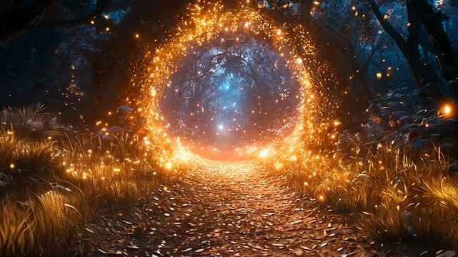 Enchanting night forest path with glowing portal