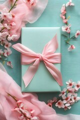 A beautifully wrapped gift, adorned with a delicate pink bow and set against a backdrop of soft pink fabrics and blooming flowers, exudes an aura of elegance and celebration.