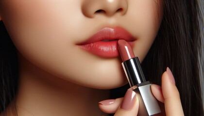 Asian Female Model putting on Lipstick - Cosmetic Advertisement of Lip Gloss, Liner, Lipstick, Lip Balm, - Woman Posing with and Applying Lipstick - Gloseup of Beauty Product