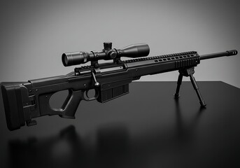 Black sniper rifle with scope and bipod tactical weapon firearm military equipment gun precision shooting long range