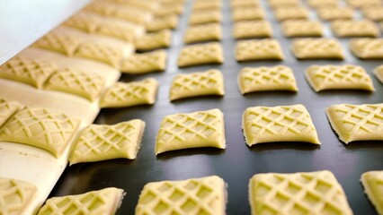 Conveyor belt carrying freshly made cookies in a food factory