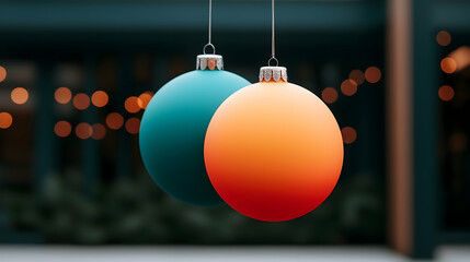 Teal and Orange Christmas Ornaments Hanging Outdoors at Night