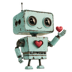 Png of A charming blue robot with round eyes holds a red heart, radiating fun and affection in a whimsical design.