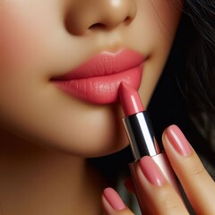 Obraz premium Asian Female Model putting on Lipstick - Cosmetic Advertisement of Lip Gloss, Liner, Lipstick, Lip Balm, - Woman Posing with and Applying Lipstick - Gloseup of Beauty Product