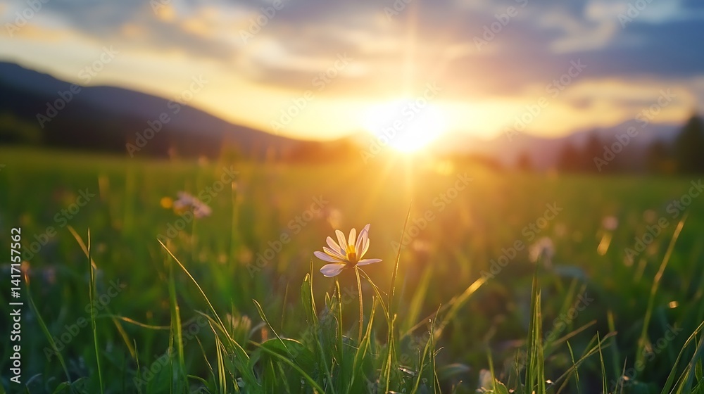 Aufkleber beautiful sunset landscape with a single flower in the foreground and mountains in the background : 