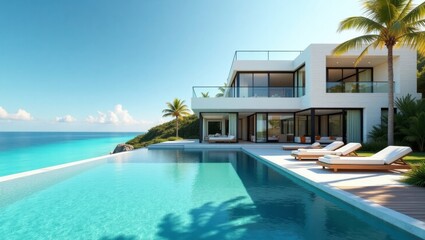 Fototapeta premium Beautiful cinematic image of a luxurious house with a pool surrounded by a lush green landscape under a clear sky