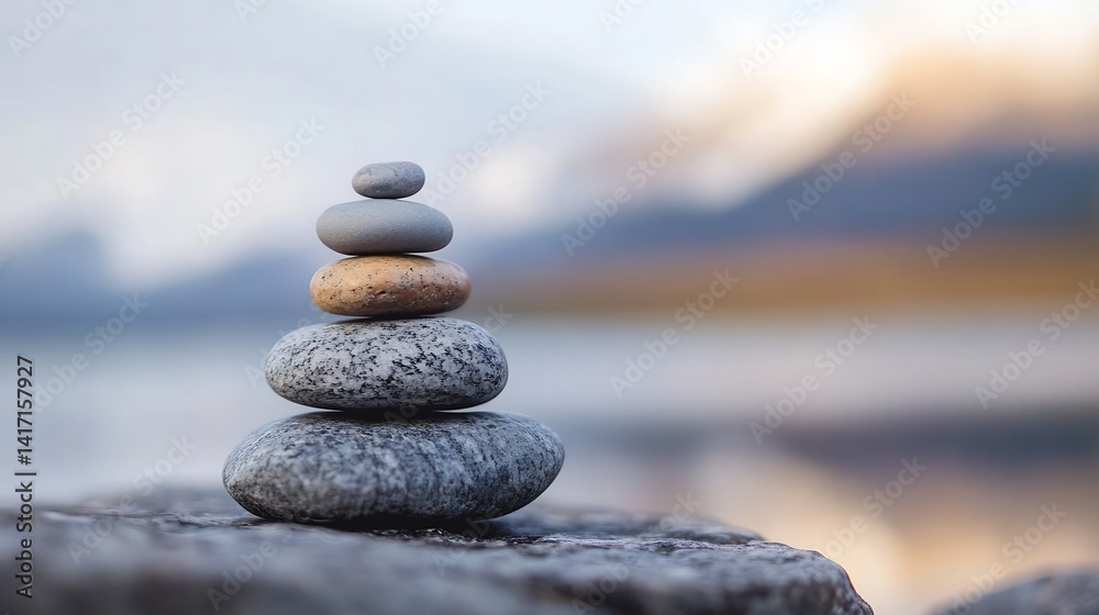 Poster zen rock stacking for balance and tranquility by peaceful water background : generative ai