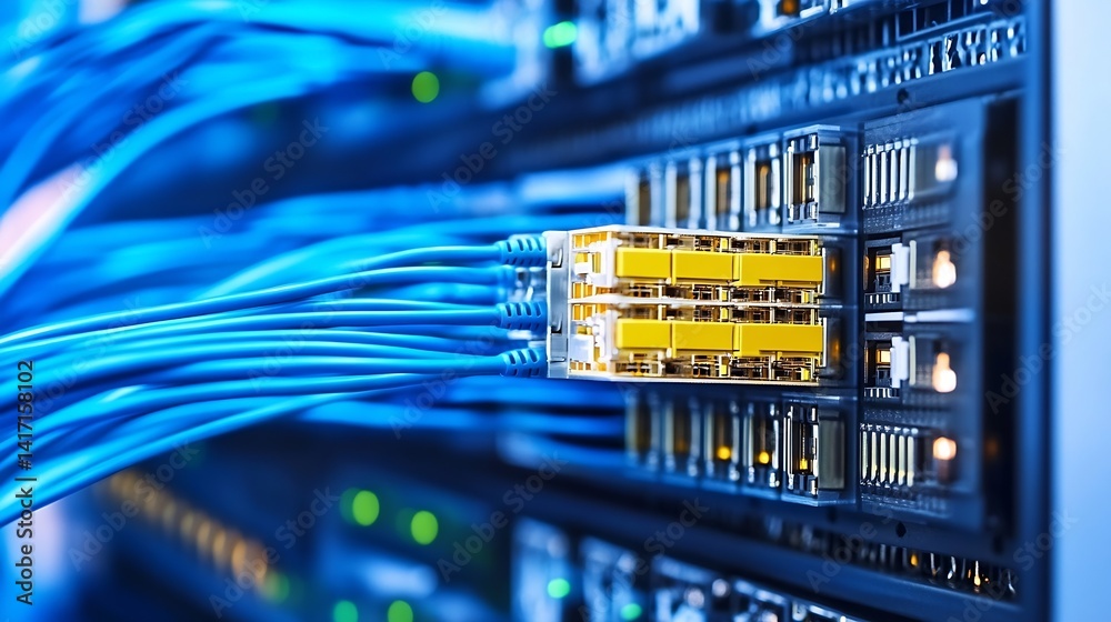 Poster Data Center Network Equipment with Colorful Cables and Connectors Close Up : Generative AI