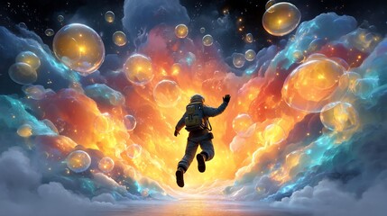 Astronaut floating amid clouds and bubbles, surreal vibrant cosmic space