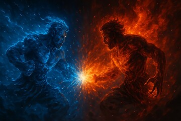 Clash of Elements: A striking depiction of opposing forces, where a blue and fiery entity collide, symbolizing conflict and raw power. Capturing the raw power and the collision of opposing forces.