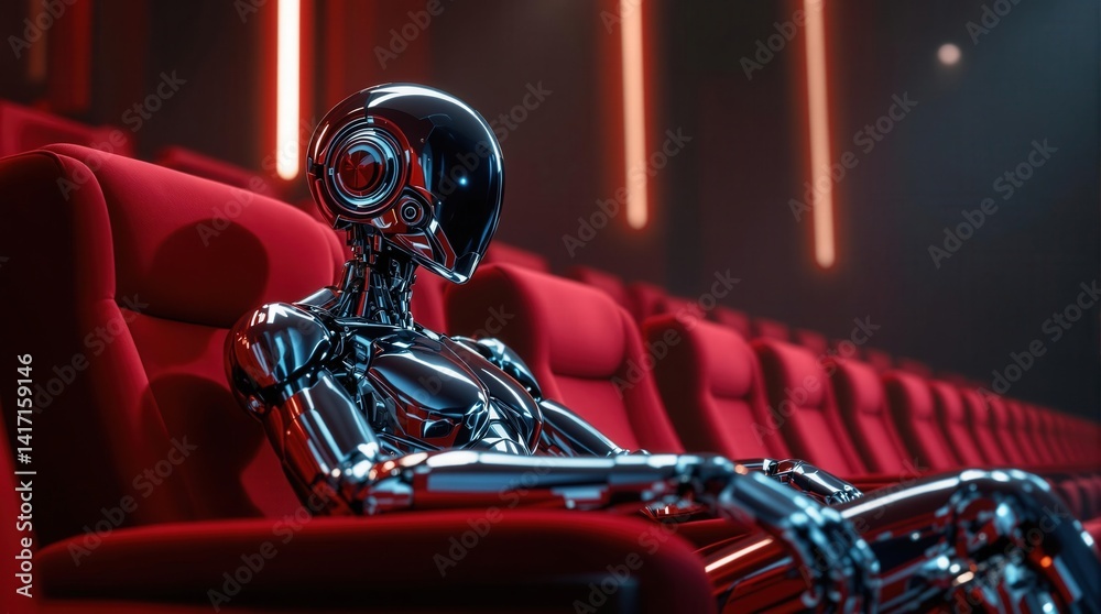 Poster a robot sitting in the audience of an empty theater.