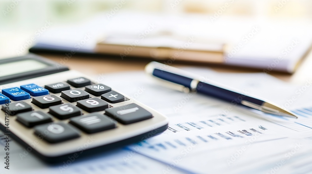 Aufkleber calculator and pen on financial reports with notepad and office supplies in background : generative 