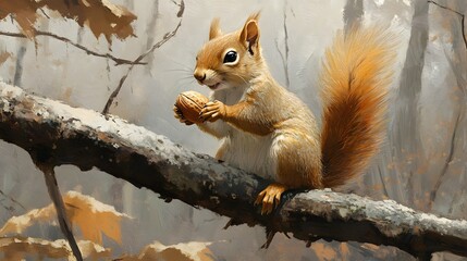 A squirrel holding a nut while perched on a tree branch