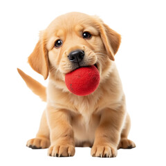 Cute Golden Retriever Puppy Holding Red Ball For Pet Store Marketing