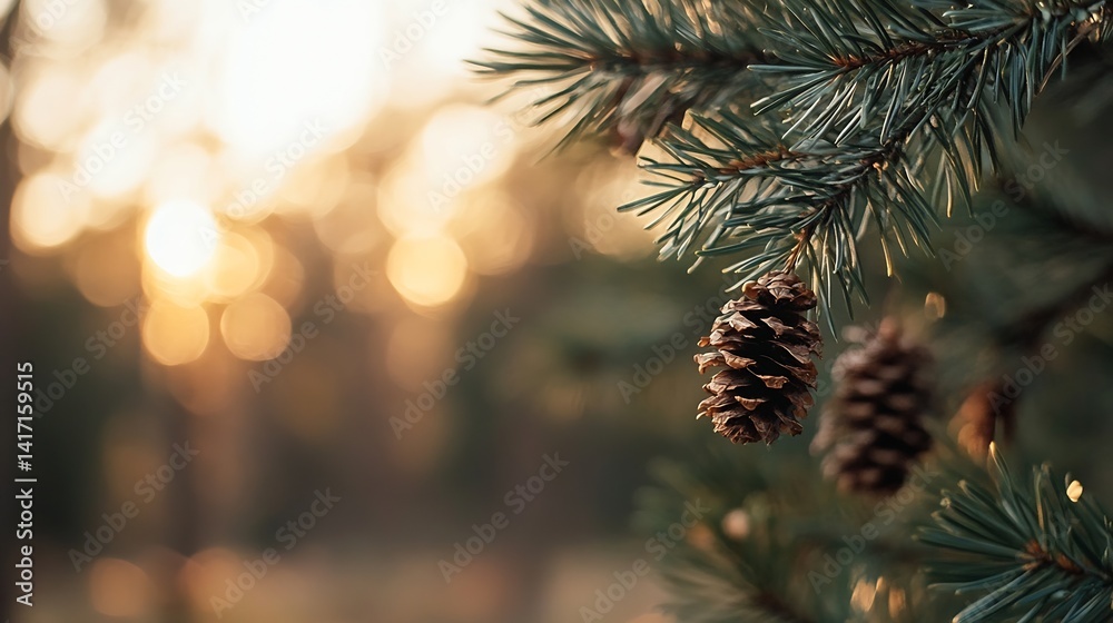 Aufkleber Beautiful Pine Cone Hanging on Branch with Warm Bokeh Effects in Nature Background : Generative AI