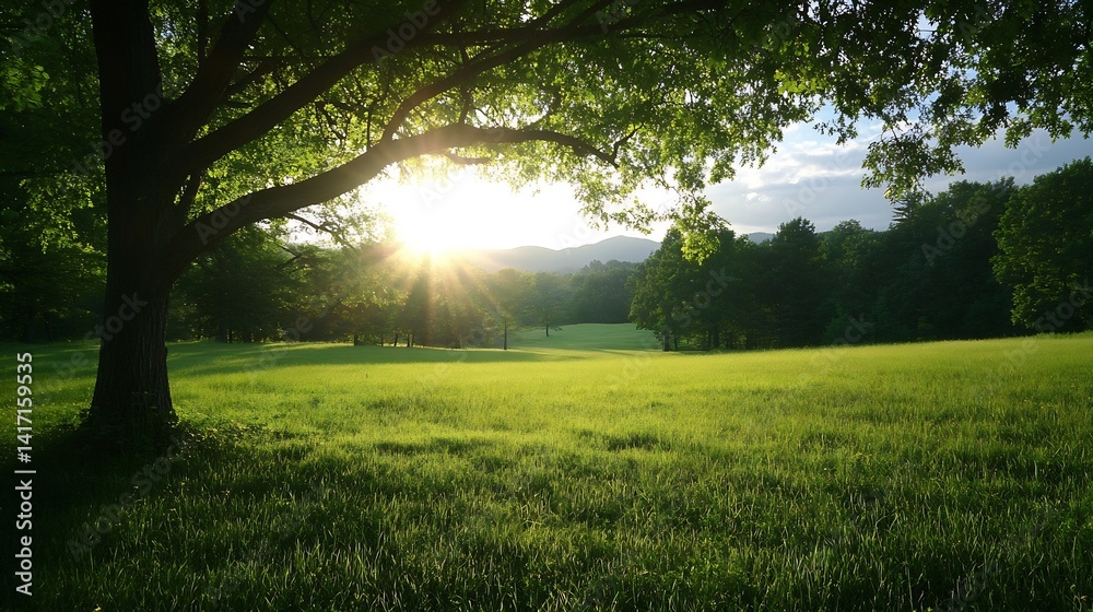 Aufkleber sunlight through trees on a lush green field in nature landscape : generative ai