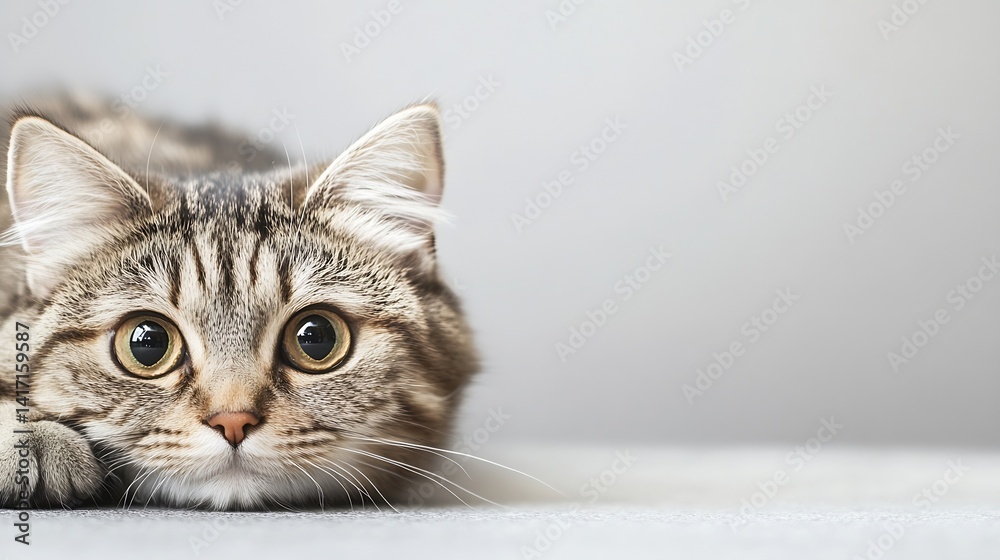 Poster cute tabby cat resting with big innocent eyes on soft surface : generative ai