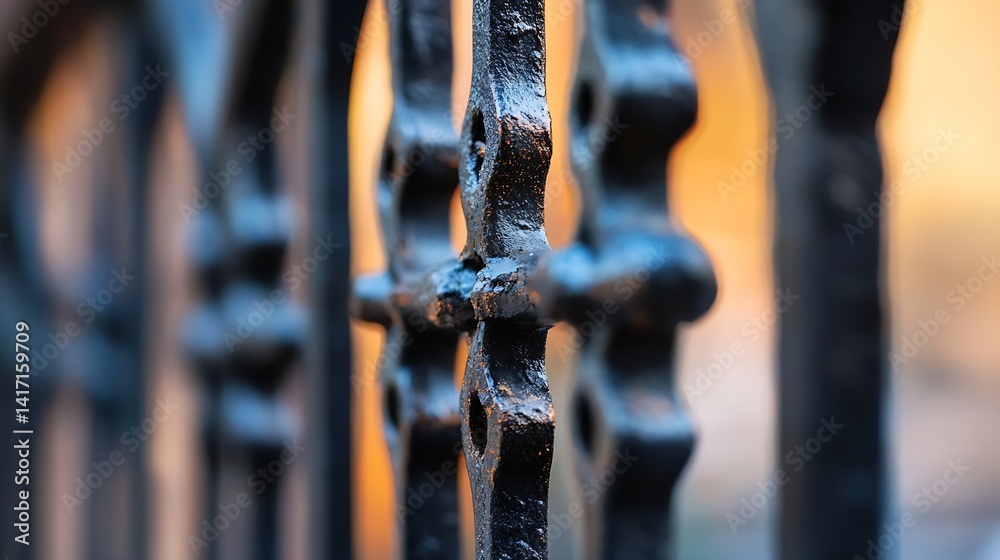 Poster close-up of intricate black iron gate detailing with warm light background : generative ai