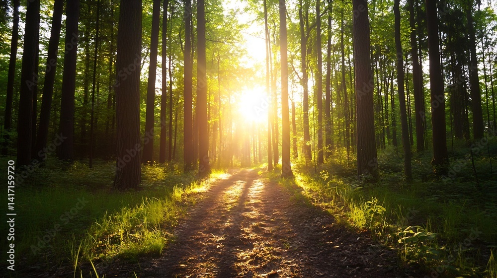 Aufkleber Beautiful Sunlight Streaming Through Tall Trees Creating a Magical Forest Pathway in Nature : Generative AI