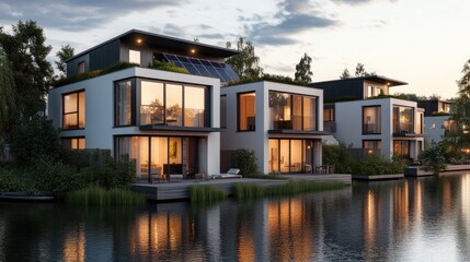 Fototapeta premium Modern Houses by Water at Dusk