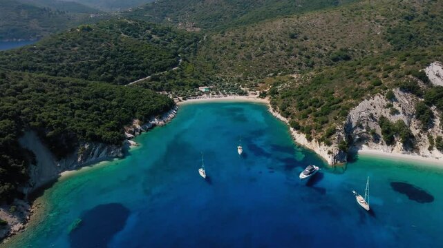 Wide of Filiatro Beach bay area surrounded by trees on Ithaca Island, Greece