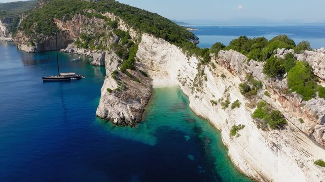 High aerial of steep cliffs and clear water at Hulla Beach, Ithaca, Greece