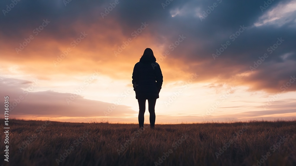 Poster solitude and reflection inspirational view of a person against a beautiful sunset : generative ai