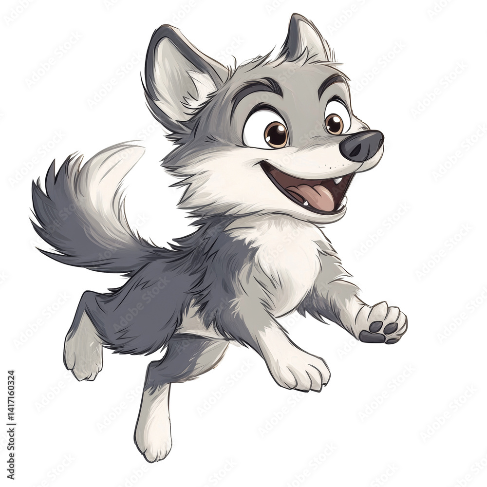 Aufkleber Playful Animated Wolf Cub Character Jumping with Joy on Black Background