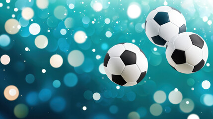 Fototapeta premium Soccer balls float against vibrant, blurred background of teal and white bokeh lights, creating lively and energetic atmosphere perfect for sports enthusiasts