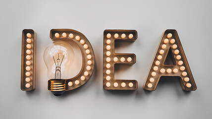 Illuminated marquee letters spelling IDEA with a lightbulb creatively replacing the letter D on a neutral background.