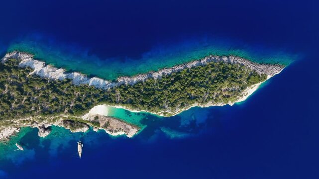 Hulla Beach aerial showing lush greenery and blue waters, Ithaca Island