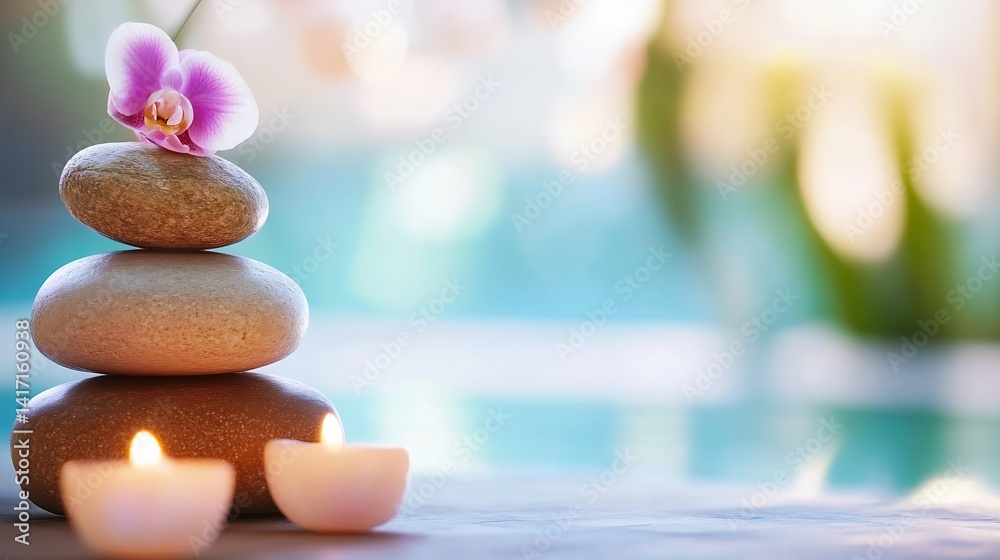 Poster serene spa scene with stacked stones candles and orchid providing calm and relaxation : generative a
