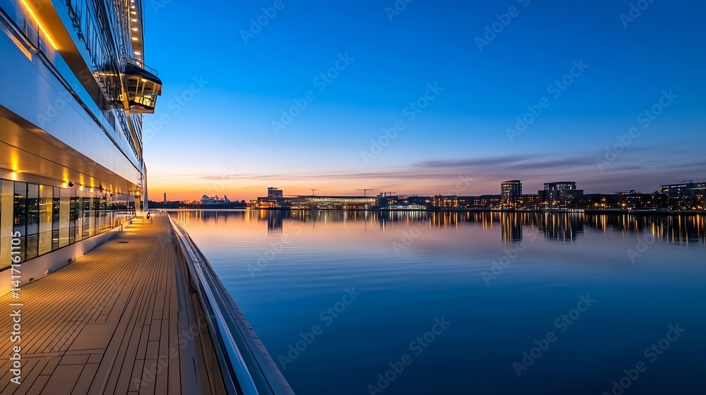 Poster Serene Evening View of a Waterfront with Modern Architecture at Dusk : Generative AI