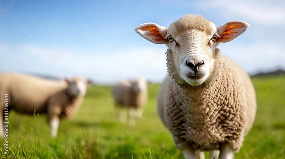 Poster close up of sheep looking at the camera on a green pasture : generative ai