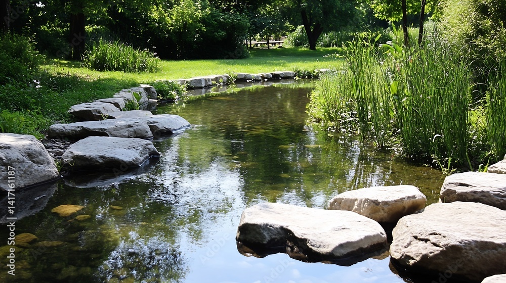 Poster tranquil garden stream with stepping stones surrounded by lush greenery and trees : generative ai