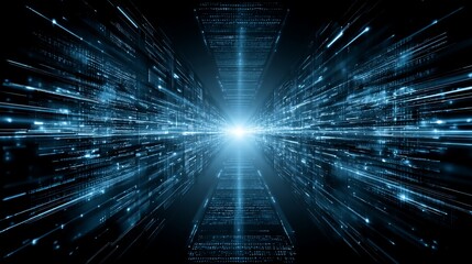 Blue digital tunnel with glowing center point, lines and data patterns