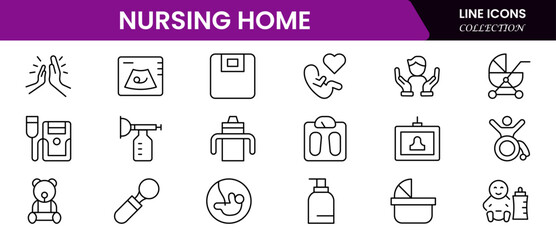 Nursing home icon set with elderly care, disabled, nurse, emergency, medical, hospital, responsibility, and caring. Vector illustration web line icon collection