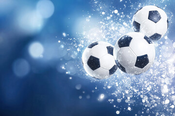 Fototapeta premium Soccer balls in dynamic, sparkling environment create energetic and vibrant atmosphere, perfect for sports enthusiasts and fans alike
