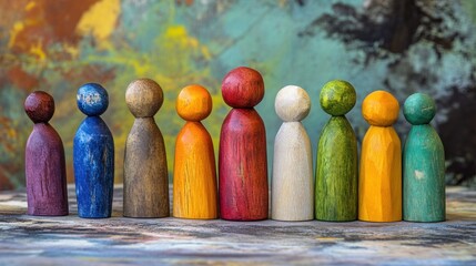 Colorful wooden figures in a row against a textured background representing diversity and inclusion.