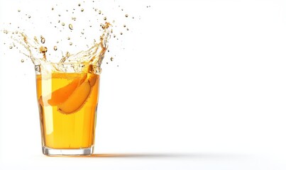 Refreshing orange juice splash in glass, white background, ideal for beverage ads