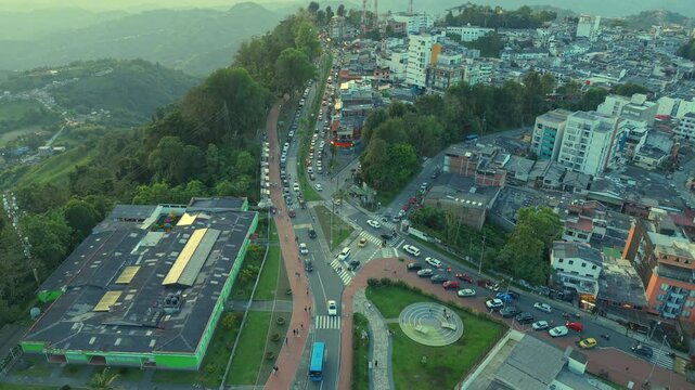 Aerial View Manizales Chipre Neighborhood at Sunset Tilt Up