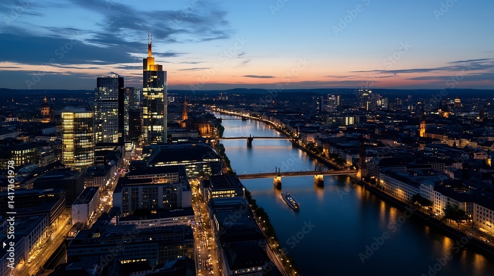 Poster dramatic evening cityscape with river and illuminated buildings at dusk : generative ai