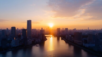Fototapeta premium Stunning Aerial View of City Skyline at Sunset Reflecting on Water : Generative AI