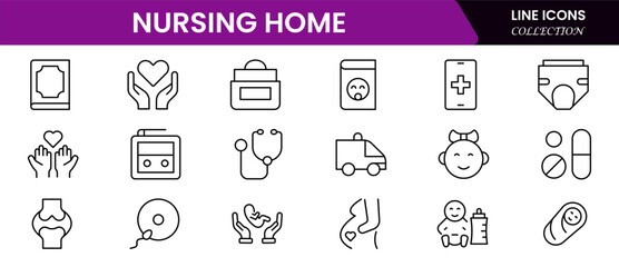 Nursing home icon set with elderly care, disabled, nurse, emergency, medical, hospital, responsibility, and caring. Vector illustration web line icon collection
